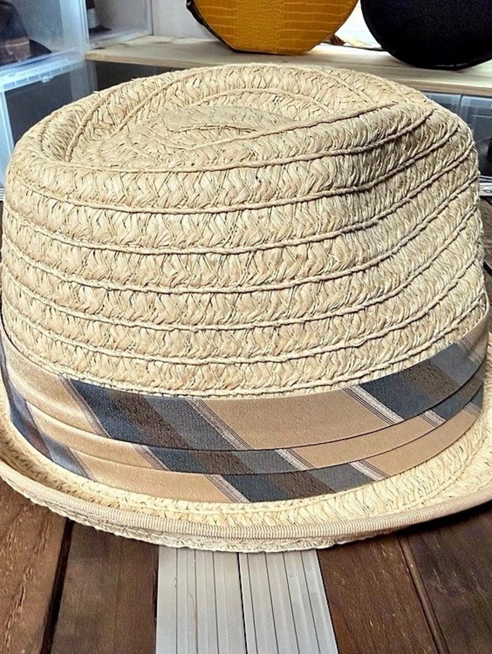 Goorin Bros Straw Fedora Hat Natural Tan Plaid Band Large 58cm